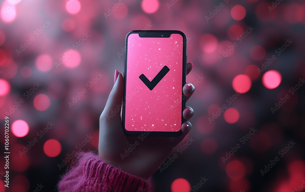 Poster captivating 3d rendering of a hand holding a smartphone with a checkmark symbol, highlighting succes