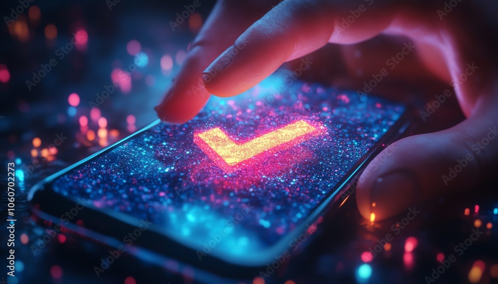 Poster vivid 3d image of a hand gripping a smartphone displaying a prominent checkmark symbol, representing