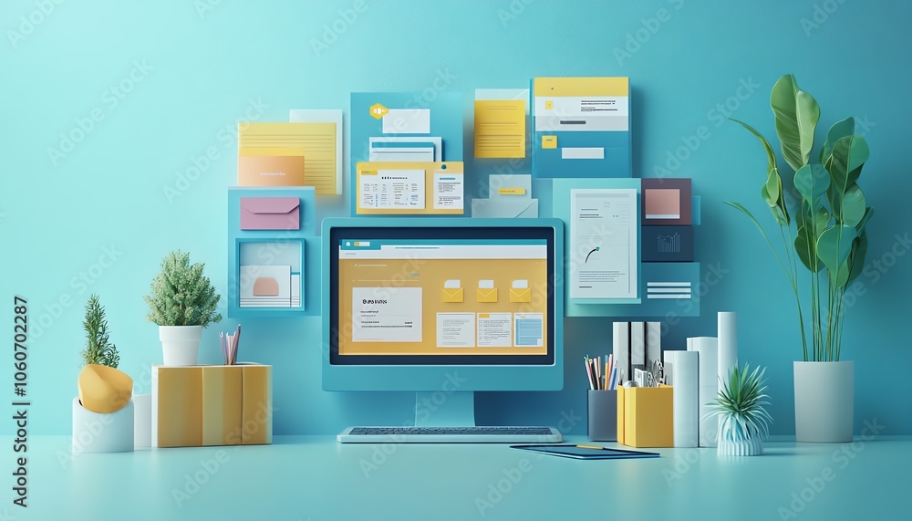 Aufkleber Captivating 3D rendering of a digital document management system showcasing mobile and laptop interaction, complemented by a creative and inspiring background