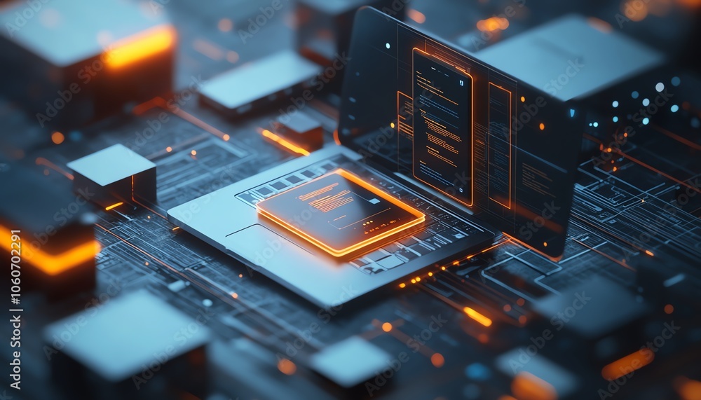 Poster Captivating 3D rendering of a digital document management system showcasing mobile and laptop interaction, complemented by a creative and inspiring background