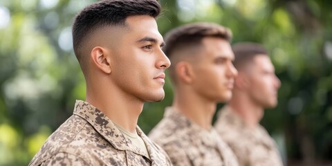 Obraz premium Three military personnel standing in formation, focused expressions.