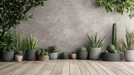 Fototapeta premium Minimalist interior featuring a soft curved backdrop with succulents and modern potted plants for a fresh look.
