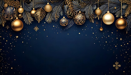 gold ball borders adorn dark blue luxury christmas card festive fir decoration details classic holiday design
