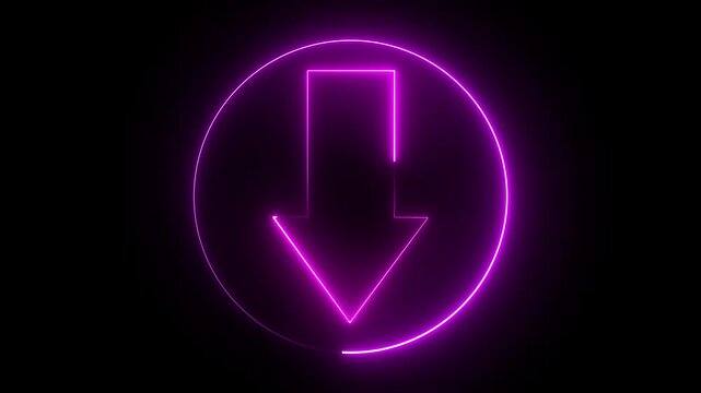 The neon down arrow radiates a vivid glow in deep blue and purple hues. Its sleek design conveys direction and descent, symbolizing downward movement, choice, and the flow of information.