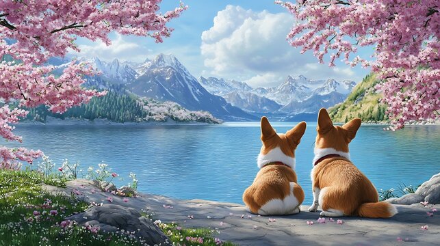 Two Corgis Sitting by a Lake with Mountain and Cherry Blossom Trees in the Background