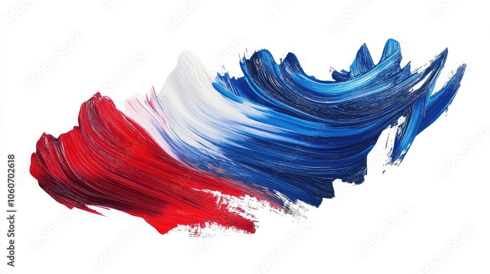 Poster abstract paint strokes in red, white, and blue, creating a dynamic and colorful composition.