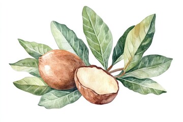 Organic Shea Nut and Green Leaves Hand-Drawn Watercolor Illustration