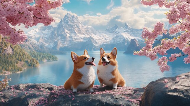 Two Corgis Sitting on a Cliff with a Mountain Lake and Cherry Blossoms