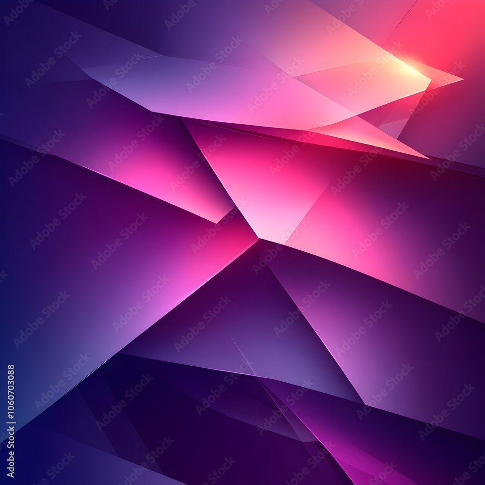 Poster A vibrant and dynamic abstract geometric design featuring sharp, angular shapes in shades of purple and pink, creating a sense of depth and movement.