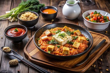 Savor the flavors of kimchi fried rice topped with a fluffy omelette, complemented by savory seaweed tofu soup, all cooked to perfection in a hot pan.