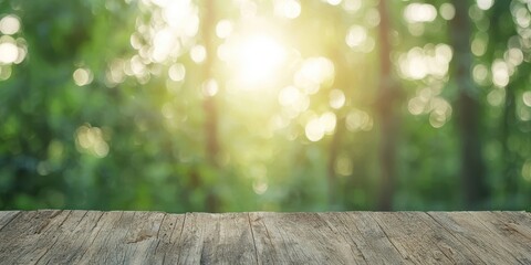 Wooden table with a blurred green background and sunlight filtering through trees.