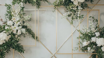 Modern geometric wedding backdrop with gold and silver frames adorned with greenery and white flowers.