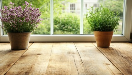 Fototapeta premium Serene kitchen view with empty wooden tabletop and potted herbs by the window