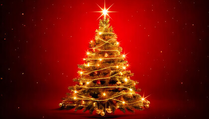 golden lights christmas tree adorn red background bright elegant holiday card merry xmas greetings