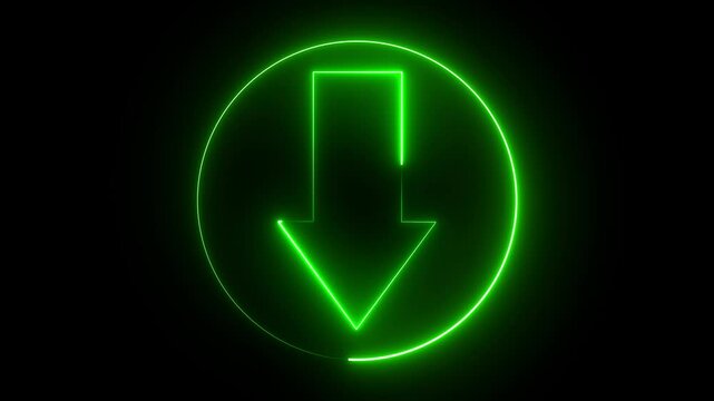The neon down arrow radiates a vivid glow in deep blue and purple hues. Its sleek design conveys direction and descent, symbolizing downward movement, choice, and the flow of information.