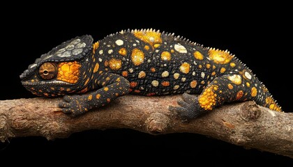 Chameleon portrait on a branch showcasing vibrant colors and intricate details