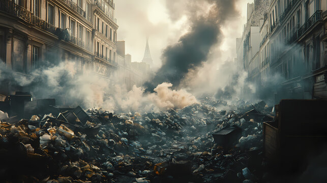 Pile of garbage with smoke on the streets of the city. French Revolution Paris. Illustration