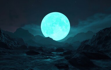 Naklejka premium Surreal landscape featuring a glowing blue moon over rocky terrain with dark clouds, evoking a dreamlike atmosphere.