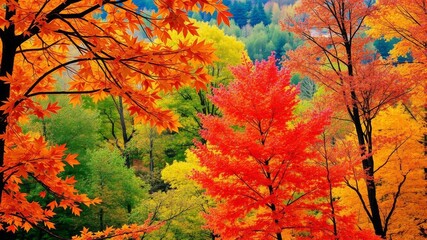 Beautiful autumn leaves in various shades of red, orange, and yellow, creating a vibrant and cozy fall wallpaper, forest, vibrant