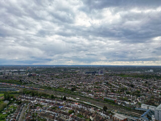 Aerial View of Downtown and Central Wembley London City of England Great Britain. High Angle Footage Was Captured with Drone's Camera from Medium High Altitude on April 17th, 2024