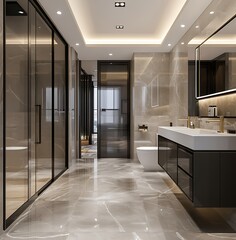 Luxurious  Bathroom Design with LED Lighting and Marble Accents