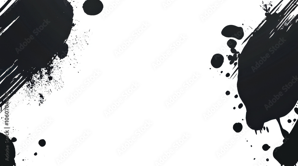 Poster black ink splashes and brush strokes are artfully arranged on a white canvas, conveying a sense of m