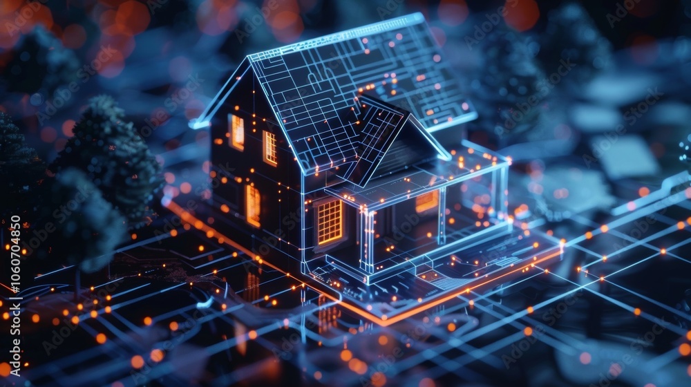 Poster glowing lines and nodes form a futuristic blueprint of a smart home, symbolizing innovation in archi