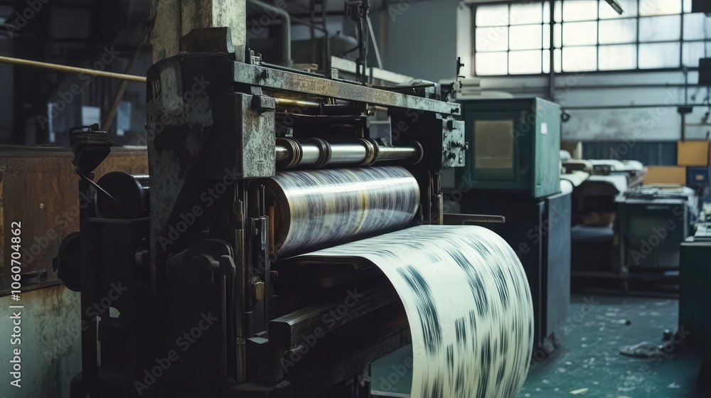 Poster close-up of a vintage printing press in a factory setting. the machine is in operation, with paper r