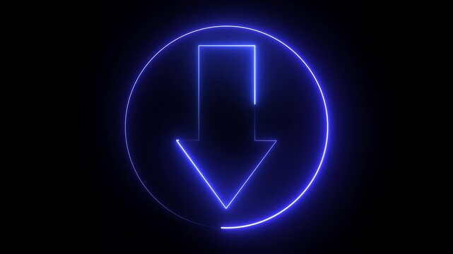 The neon down arrow radiates a vivid glow in deep blue and purple hues. Its sleek design conveys direction and descent, symbolizing downward movement, choice, and the flow of information.