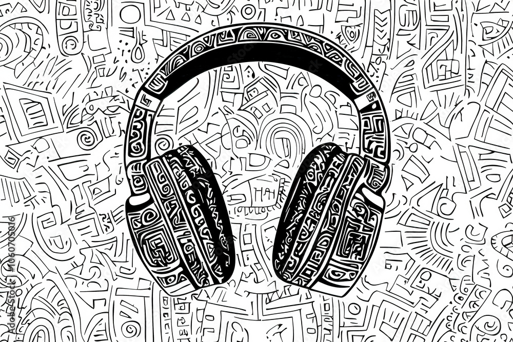 Poster intricate linework surrounds a bold pair of headphones, showcasing a blend of music culture and arti