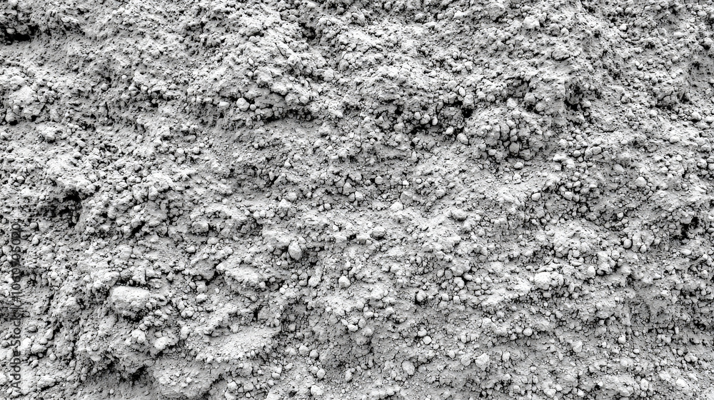 Poster a close-up of packed, dry soil displaying various granular textures in a natural, outdoor environmen