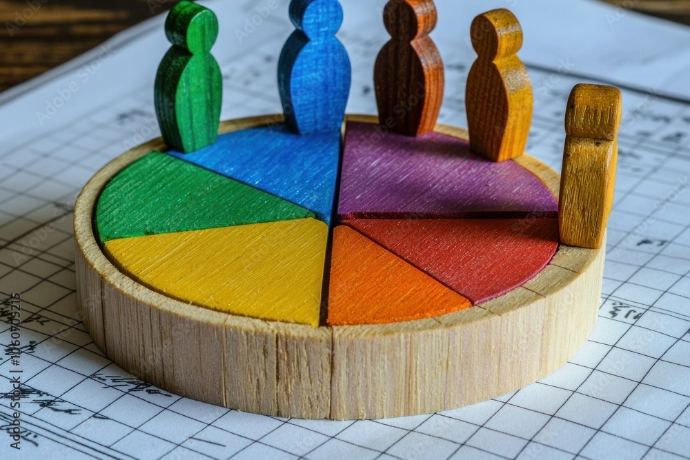 Aufkleber wooden figures surrounding a pie chart on a gridded paper