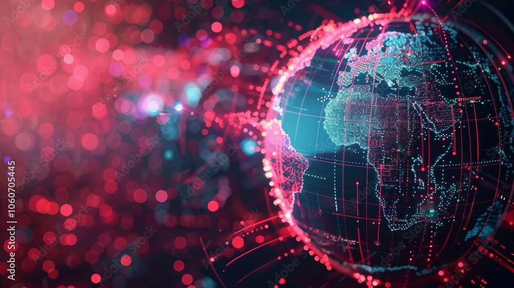 Poster futuristic rotating digital earth with glowing lines and dots symbolizing global communication, data
