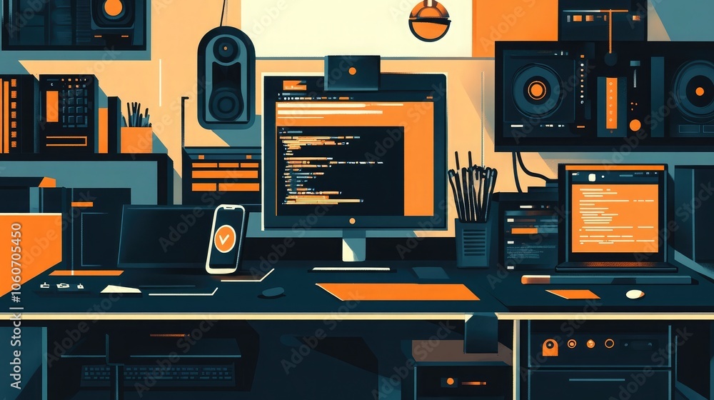 Poster a modern workspace with a computer, laptop, and smartphone displaying code on their screens. the col