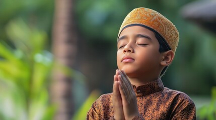 Muslim boy in prayer, with hands raised and eyes closed
