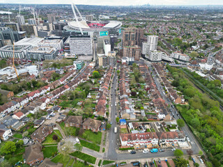Aerial View of Downtown and Central Wembley London City of England Great Britain. High Angle Footage Was Captured with Drone's Camera from Medium High Altitude on April 17th, 2024