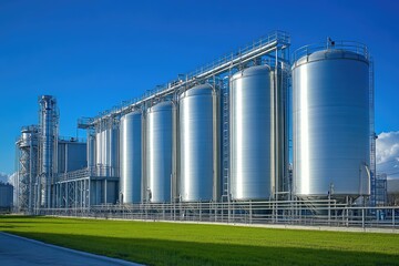 Industrial complex with large steel tanks. This image can be used to represent manufacturing, production, and industrial processes.