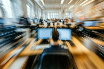Busy office workers concentrating on computers in fast paced environment