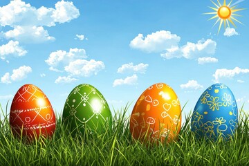 Fototapeta premium Four Decorated Easter Eggs in Grass Against a Blue Sky with Clouds and Sun