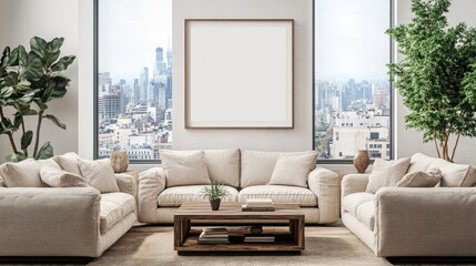 A modern living room with a large window overlooking a city skyline. The room is decorated in a neutral color palette with a beige sofa and a wooden coffee table.