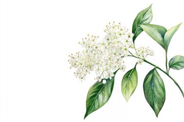 Watercolor Elderflower Blossom. Hand-drawn Illustration of Fresh Elderflower on White Background