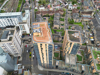 Fototapeta premium Aerial View of Downtown and Central Wembley London City of England Great Britain. High Angle Footage Was Captured with Drone's Camera from Medium High Altitude on April 17th, 2024