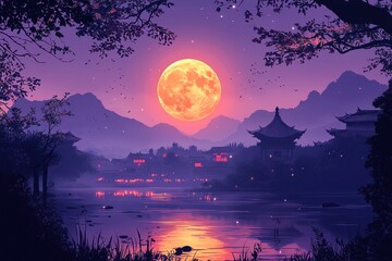A Silhouetted Asian Town Under a Full Moon with Reflecting Lights on a Lake