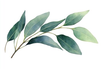 Watercolor Eucalyptus Leaf Illustration on White Background with Hand-drawn Elements