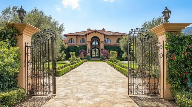 A grand, elegant estate with a long driveway leading to the front door.