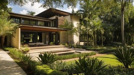 Fototapeta premium A modern, light-colored house with a large terrace and a lush, tropical garden.