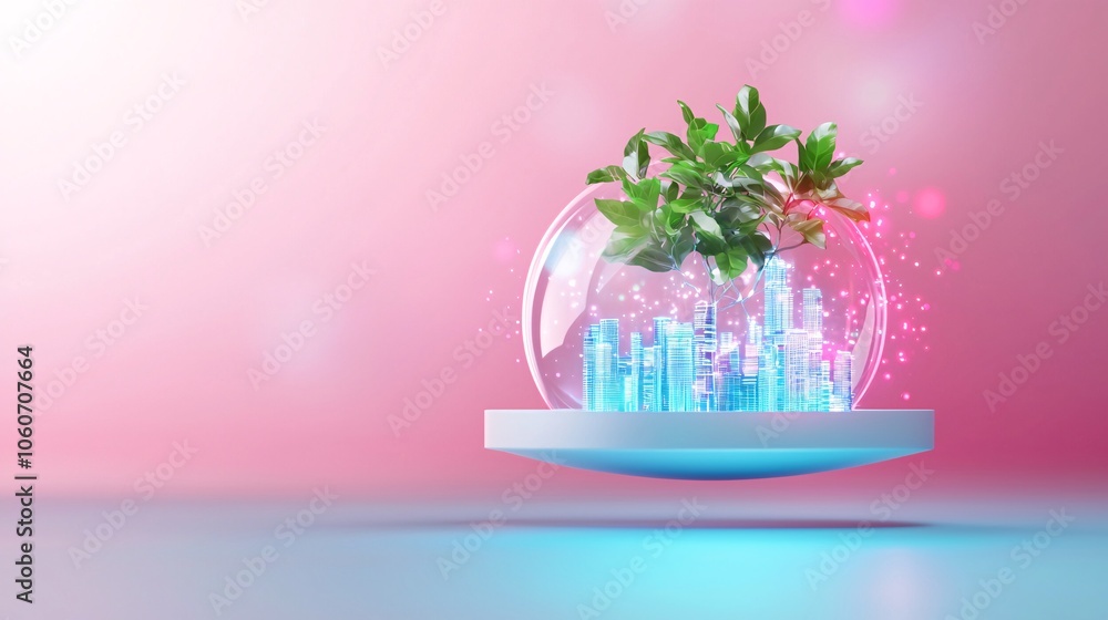 Poster futuristic floating island with quantum tech - cyberpunk urban skyline surrounded by glowing matrix 