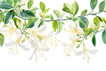 Obraz premium Watercolor Honeysuckles and Leaves Set. Hand-drawn Illustration of Blooming Flowers and Foliage on a White Background