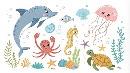 Adorable cartoon illustration of various sea creatures enjoying their underwater habitat