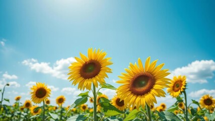 Fototapeta premium A vibrant sunflower field under a clear blue sky with fluffy white clouds, vibrant, natural
